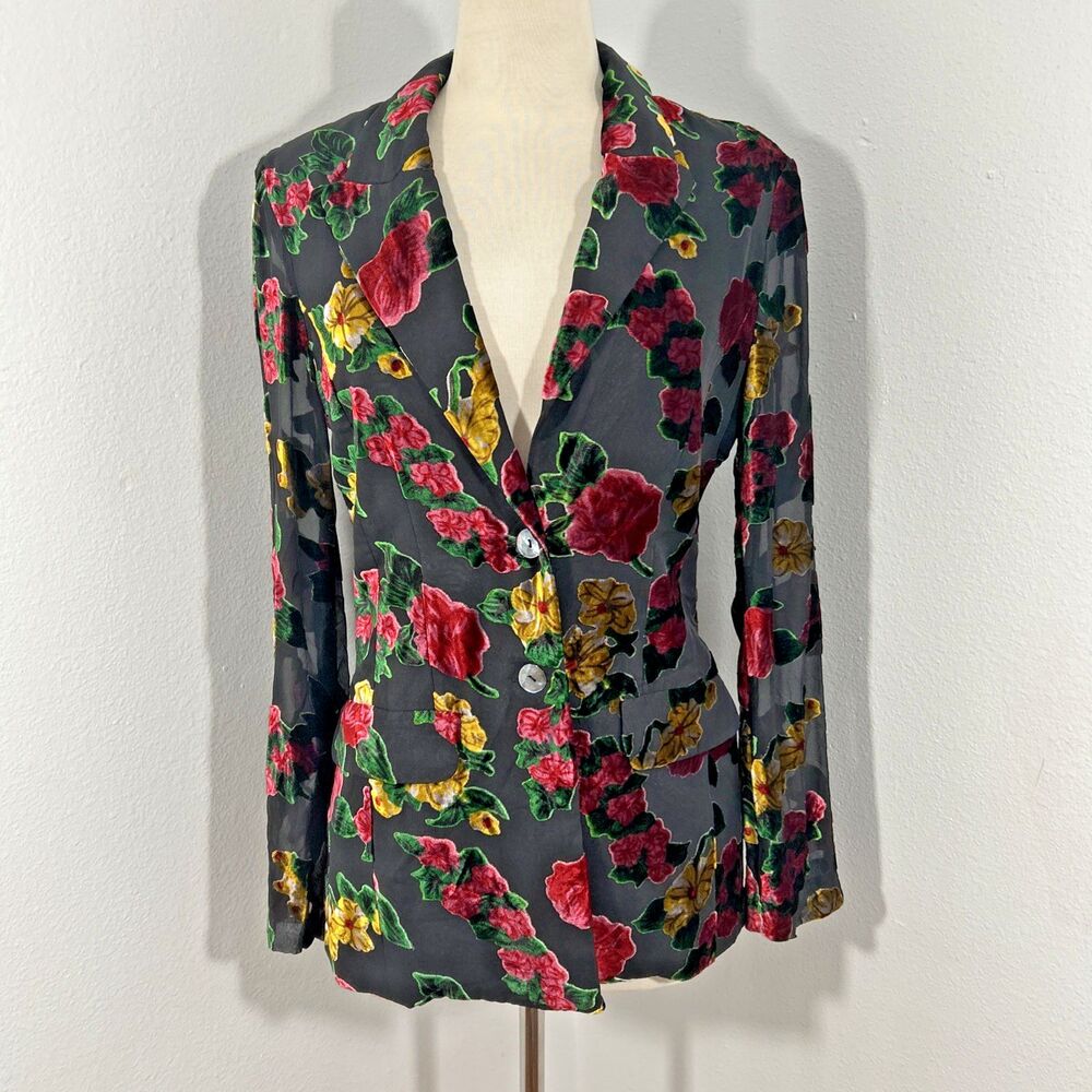 Monsoon Blazer Womens 6 Floral Velvet Burnout Flocked Two Button Preppy 90s